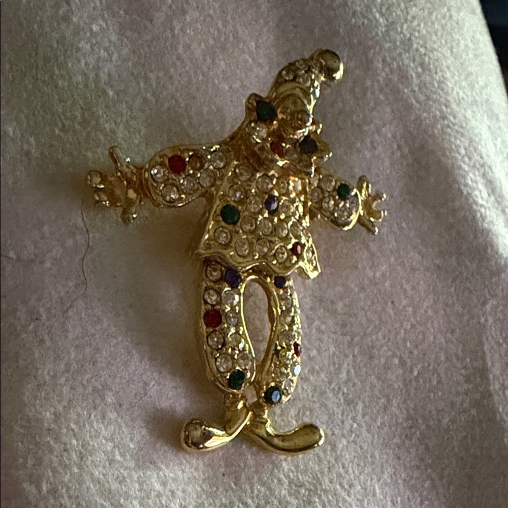 Vintage Gold-tone Clown Brooch‎ with Clear, Red, Blue & Green Rhinestones Swivel